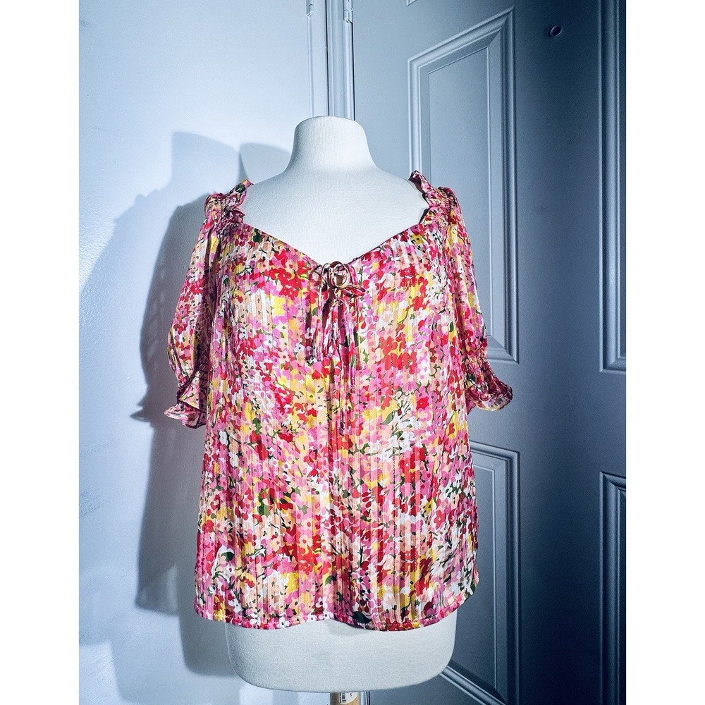Sézane Floral‎ Pleated Blouse Size 40/M Pink Multicolor Puff Sleeve Boho Top